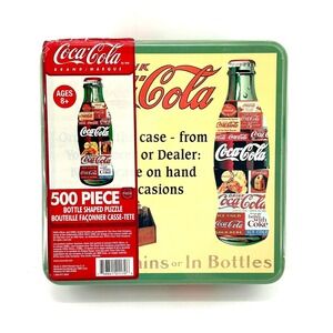 Coca-Cola 500 Piece Bottle Shaped Jigsaw Puzzle in Collector Tin AMG Corp Green